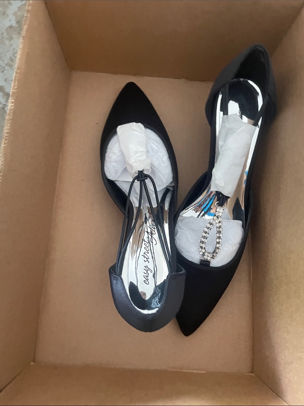 easy street Black Pointed Toe Flats with Rhinestone Teardrop Accent